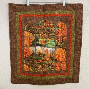 Handmade 24x27 Wall Hanging Quilted Brown Fall Autumn Window Landscape 2003